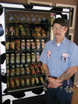 Lou Giampa, a service tech for Tomdra Vending Inc., in Tucson, Ariz., installs a combination machine offering frozen food, pastries and bottled water. Lou Giampa, a service tech for Tomdra Vending Inc., in Tucson, Ariz., installs a combination machine offering frozen food, pastries and bottled water.