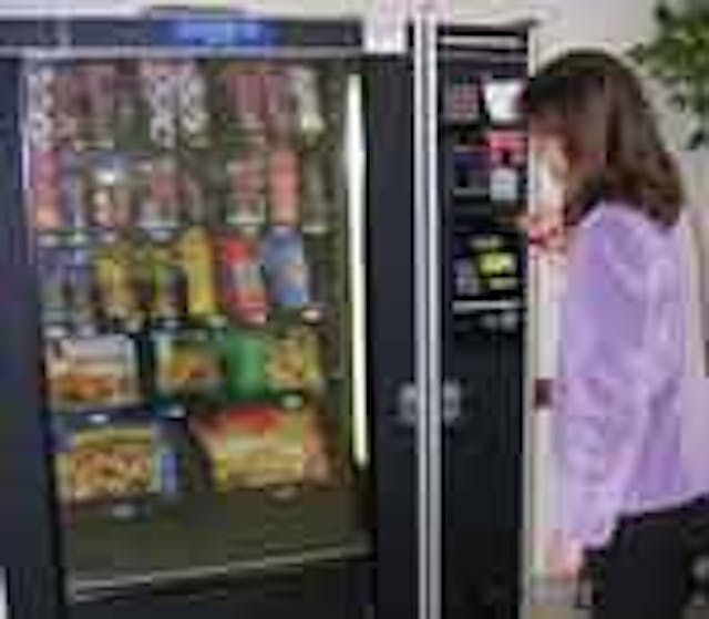 TV dinners in a frozen machine have heating instructions on the package. This machine is serviced by Automat Vending Inc., Yakima, Wash.