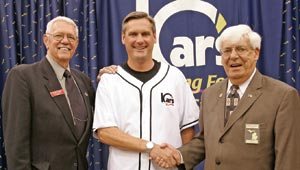 Nick Nicolay, center, welcomes Richard L. Clarke, Mayor Pro Tem, left, and Mayor Edward C. Hanson from Madison Heights, Mich.