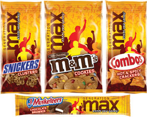 Mars/Masterfoods USA brings a new line of snacks called Generation MaxTM to vending. All Generation Max products contain 150 calories or less per serving, 35 percent less calories from fat, 10 percent calories from saturated fat and 35 percent by weight of sugar per serving along with additional nutrients. The line satisfies the 35:10:35 rules in place for most schools. The line consists of 10 products: Snickers&circledR; cookies; Snickers&circledR; cereal clusters; M&M&rsquo;s Cookies; Twix&circledR; cereal clusters; 3 Musketeers&circledR; chocolate brownie bar; 3 Musketeers&circledR; S&rsquo;mores brownie bars; 3 Musketeers&circledR; chocolate strawberry brownie bars; Combos&circledR; pizza crackers; Combos&circledR; hot &lsquo;n spicy crackers; and Combos&circledR; ranch pretzels. For more about the new line, call 800-381-VEND.