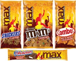 Mars/Masterfoods USA brings a new line of snacks called Generation MaxTM to vending. All Generation Max products contain 150 calories or less per serving, 35 percent less calories from fat, 10 percent calories from saturated fat and 35 percent by weight of sugar per serving along with additional nutrients. The line satisfies the 35:10:35 rules in place for most schools. The line consists of 10 products: Snickers&circledR; cookies; Snickers&circledR; cereal clusters; M&amp;M&rsquo;s Cookies; Twix&circledR; cereal clusters; 3 Musketeers&circledR; chocolate brownie bar; 3 Musketeers&circledR; S&rsquo;mores brownie bars; 3 Musketeers&circledR; chocolate strawberry brownie bars; Combos&circledR; pizza crackers; Combos&circledR; hot &lsquo;n spicy crackers; and Combos&circledR; ranch pretzels. For more about the new line, call 800-381-VEND.
