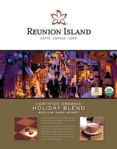 Reunion Island Holiday Blend coffees support Coffee Kids This year, Reunion Island&rsquo;s Holiday Blend features 100 percent certified organic coffees that have been hand picked from select highland estates. This blend is roasted to a medium-dark Viennese color to add body and caramelized undertones. Reunion Island will donate 25 cents from each pound of their Holiday Blend sold to the non-profit organization Coffee Kids. Holiday Blend is made using premium Arabica beans, and is available in single-cup coffee pods, portion packages, and 5-pound whole bean, and can be enjoyed for a limited time only. Reunion Island Coffee offers customers a free point-of-sale package with all the materials necessary to direct consumer attention to the coffees. For information, go to: www.reunionislandcoffee.com.