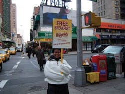 Walking billboards alerted New Yorkers to the free breakfast near Times Square. Walking billboards alerted New Yorkers to the free breakfast near Times Square.