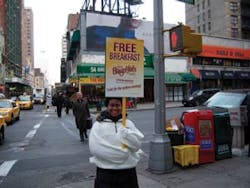 Walking billboards alerted New Yorkers to the free breakfast near Times Square.
