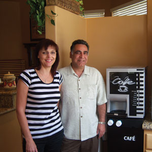 Evalynn Merrill found the Las Vegas OCS market receptive to specialty coffee. She and her husband, Eric, visit an apartment where residents can serve themselves specialty coffee from a single-cup brewer.