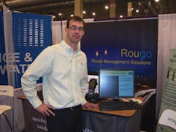 Mike Gron demonstrates Ruogo route management software on the trade show floor at Navy Pier. Mike Gron demonstrates Ruogo route management software on the trade show floor at Navy Pier.