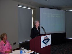 Sylvia Rowe advises state officers to expect a stronger push on nutrition restrictions. Seated at left is Jackie Clark, NAMA public relations director. Sylvia Rowe advises state officers to expect a stronger push on nutrition restrictions. Seated at left is Jackie Clark, NAMA public relations director.