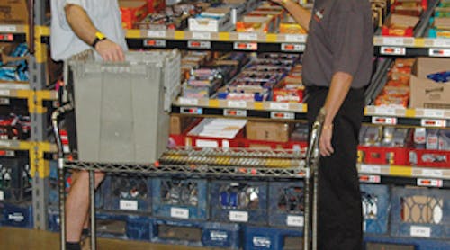 Bryon Buege, D&amp;R Canteen&rsquo;s warehouse manager, left, learns about the Innovative Picking Technologies&rsquo; pick-to-light system from Stu Riemann, project manager. The system integrated seamlessly with MEI&rsquo;s Easitrax software and eliminated the need for drivers to spend time picking products in the warehouse.