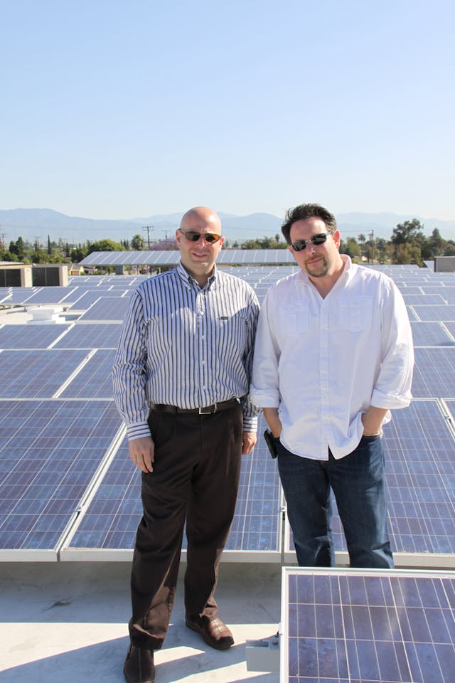 Brothers Matthew, left, and Ryan Marsh recently completed one of the largest private solar energy installations in Southern California at their Bell Gardens, Calif. headquarters.