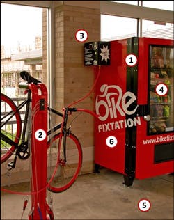 Fixtations Bike Repair Kiosk Includes a customized vending machine (1), bicycle repair stand (2), self-contained inflator (3), product inventory (4), installation and service (5), as well as branding and signage (6).