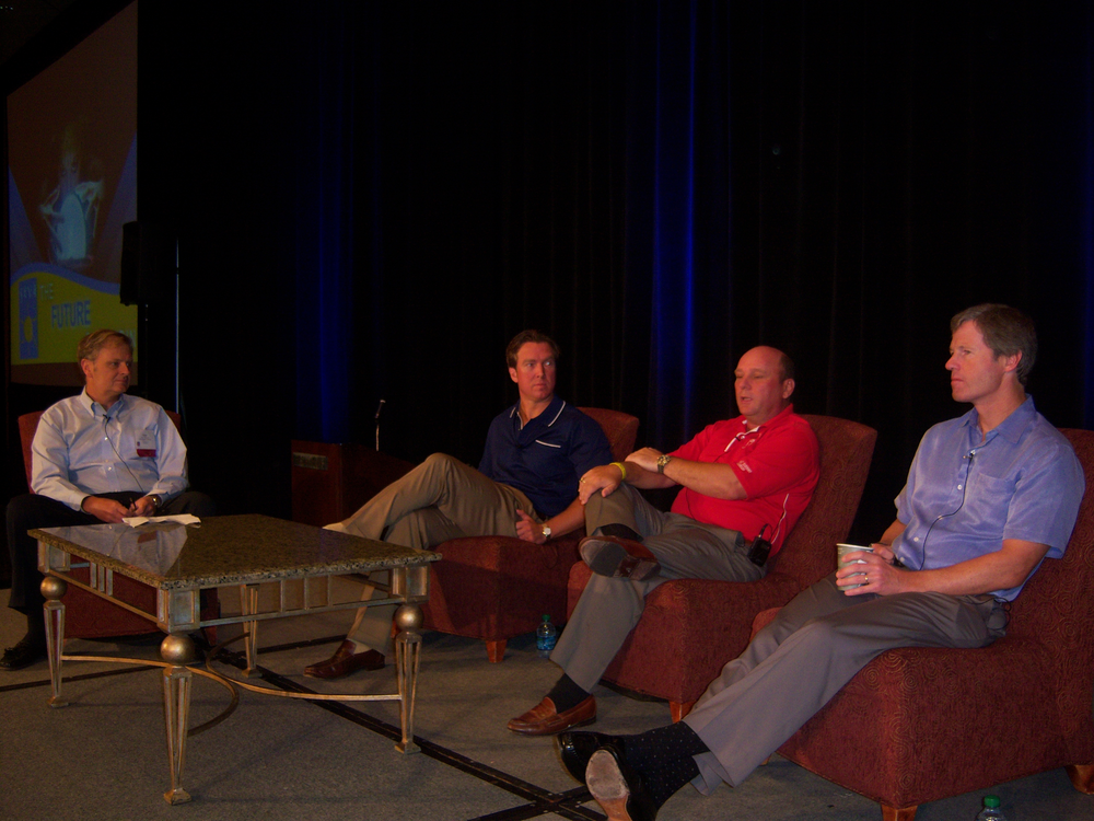 Marc Whitener, left, of Refreshment Solutions in Norco, La., moderates the panel consisting of Brad Ellis of Crane Merchandising Systems, Tom Barlow of Coca Cola Refreshments North America, and Dennis Hogan of Canteen Vending Services Inc. during the Southeastern Vending Association Convention in Destin, Fla.