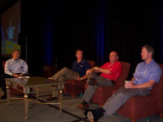 Marc Whitener, left, of Refreshment Solutions in Norco, La., moderates the panel consisting of Brad Ellis of Crane Merchandising Systems, Tom Barlow of Coca Cola Refreshments North America, and Dennis Hogan of Canteen Vending Services Inc. during the Southeastern Vending Association Convention in Destin, Fla.