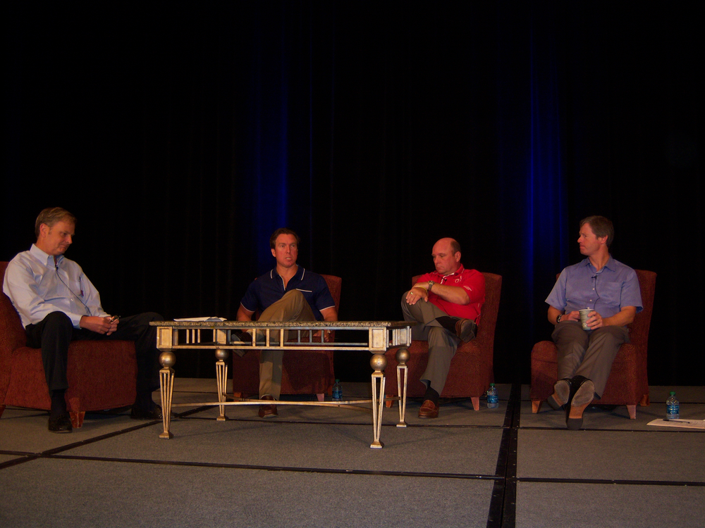 Brad Ellis, second from left, addresses SEVA, flanked at left by Marc Whitener, Tom Barlow and Dennis Hogan.