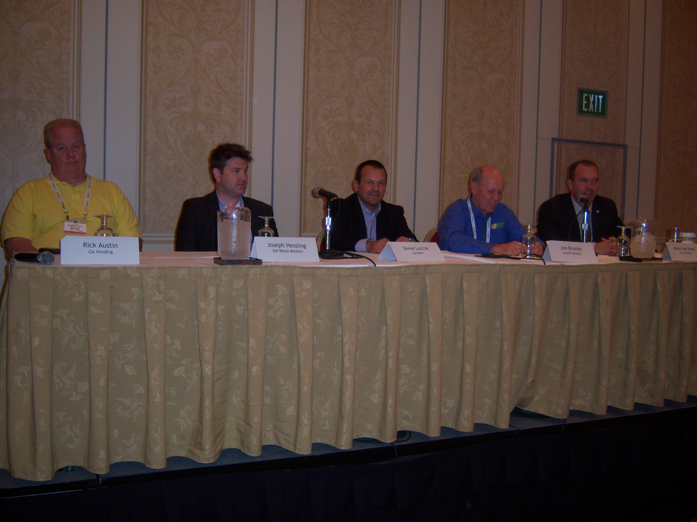 Panelists are, at left: Rick Austin, Georgia Vending Services, Joe Hessling, 365 Retail Markets, Steve Luccia, Canteen Vending Services, Jim Brinton, Avanti Markets, and Kevin Van Hazel, Ace Vending.