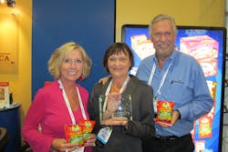 Accepting the Readers&rsquo; Choice Award for the new cookie of the year for Sun-Maid Oastmeal Raisin Apple Bite-Size Premium Cookies are Biscomerica Corp.&rsquo;s Karen Sigman-Winn, Kathy O&rsquo;Brien and Greg Grand.