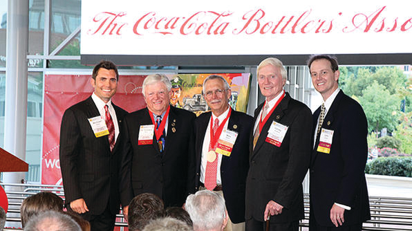 Michael Faber, left, CEO of Viking Coca-Cola in Minnesota; Edwin 'Cookie' Rice, chairman and CEO, Ozarks Coca-Cola/Dr Pepper Bottling Company; Wes Elmer, retired president, Coca-Cola Bottling Company of Northern New England; Sandy Williams, chairman, Corinth Coca-Cola Bottling Works; and John Gould, executive director, Coca-Cola Bottlers' Association. Rice, Elmer and Williams were recognized as 'Living Legends' at the CCBA's centennial celebration.