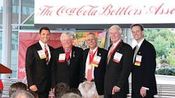 Michael Faber, left, CEO of Viking Coca-Cola in Minnesota; Edwin 'Cookie' Rice, chairman and CEO, Ozarks Coca-Cola/Dr Pepper Bottling Company; Wes Elmer, retired president, Coca-Cola Bottling Company of Northern New England; Sandy Williams, chairman, Corinth Coca-Cola Bottling Works; and John Gould, executive director, Coca-Cola Bottlers' Association. Rice, Elmer and Williams were recognized as 'Living Legends' at the CCBA's centennial celebration. Michael Faber, left, CEO of Viking Coca-Cola in Minnesota; Edwin 'Cookie' Rice, chairman and CEO, Ozarks Coca-Cola/Dr Pepper Bottling Company; Wes Elmer, retired president, Coca-Cola Bottling Company of Northern New England; Sandy Williams, chairman, Corinth Coca-Cola Bottling Works; and John Gould, executive director, Coca-Cola Bottlers' Association. Rice, Elmer and Williams were recognized as 'Living Legends' at the CCBA's centennial celebration.