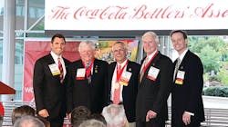 Michael Faber, left, CEO of Viking Coca-Cola in Minnesota; Edwin &apos;Cookie&apos; Rice, chairman and CEO, Ozarks Coca-Cola/Dr Pepper Bottling Company; Wes Elmer, retired president, Coca-Cola Bottling Company of Northern New England; Sandy Williams, chairman, Corinth Coca-Cola Bottling Works; and John Gould, executive director, Coca-Cola Bottlers&apos; Association. Rice, Elmer and Williams were recognized as &apos;Living Legends&apos; at the CCBA&apos;s centennial celebration.