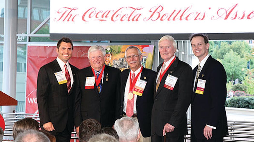 Michael Faber, left, CEO of Viking Coca-Cola in Minnesota; Edwin &apos;Cookie&apos; Rice, chairman and CEO, Ozarks Coca-Cola/Dr Pepper Bottling Company; Wes Elmer, retired president, Coca-Cola Bottling Company of Northern New England; Sandy Williams, chairman, Corinth Coca-Cola Bottling Works; and John Gould, executive director, Coca-Cola Bottlers&apos; Association. Rice, Elmer and Williams were recognized as &apos;Living Legends&apos; at the CCBA&apos;s centennial celebration.
