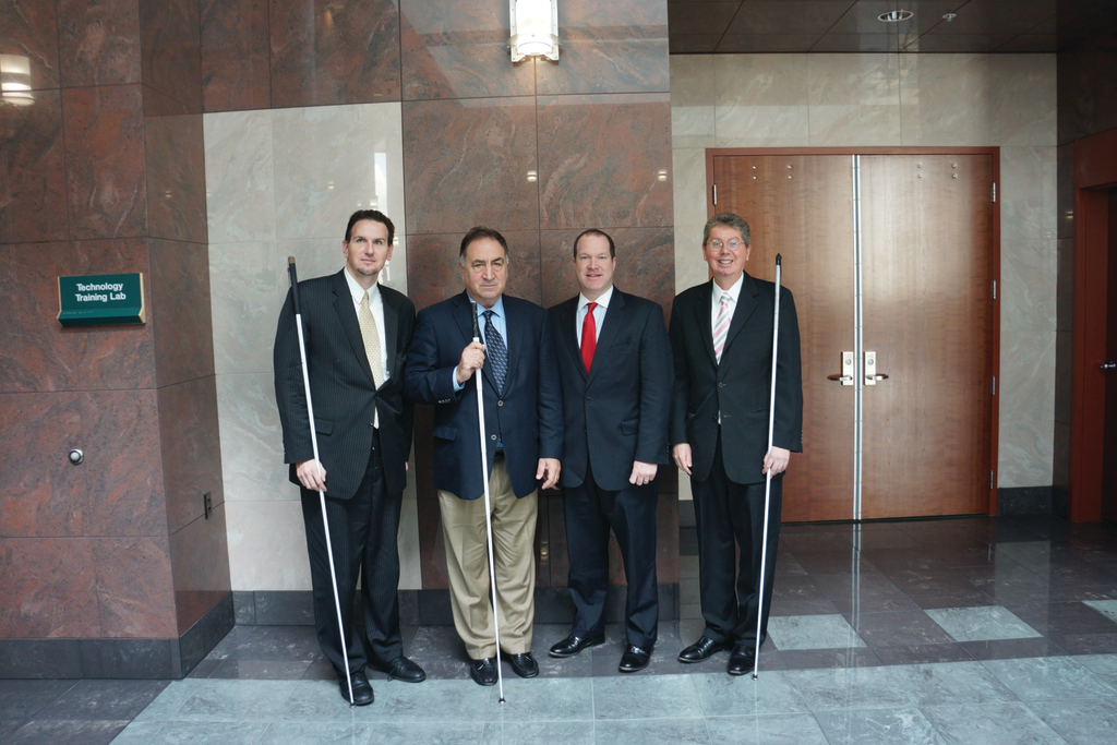 From Left: Jesse Hartle, government programs specialist, National Federation of the Blind; Nicky Gacos, president of the National Association of Blind Merchants, division of the National Federation of the Blind; Eric Dell, senior vice president, NAMA; John G. Par&eacute;, Jr. executive director for advocacy and policy, National Federation of the Blind.