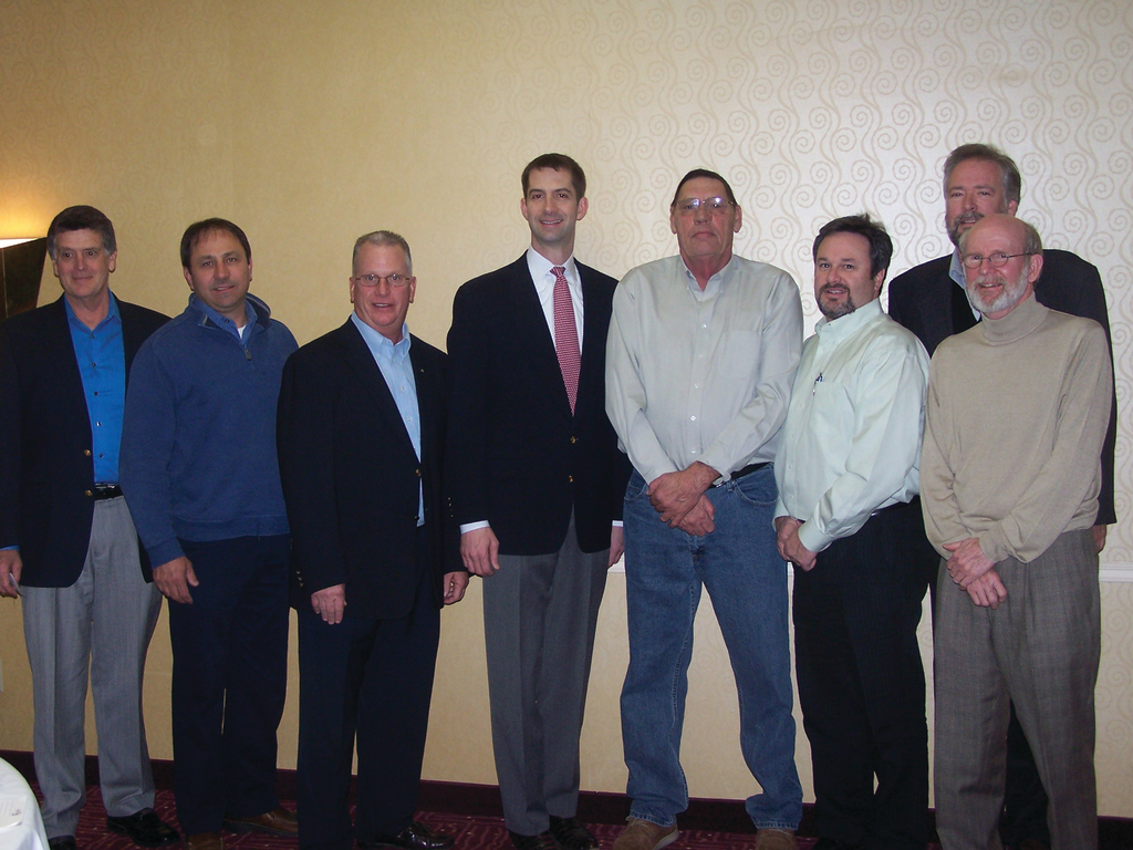 Left to right: Tim Gilts (Hershey's), David Fritsche (Boonville Vending), AVA President Bill Tervin (Advanced Vending), Rep. Tom Cotton (R-Ark.), Joe Collins (Imperial Companies), Randy Conklin (Crane), Mike Blackwell (G & J Marketing) and Charles Turner (Turner Snax).