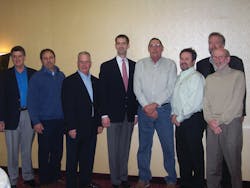 Left to right: Tim Gilts (Hershey&apos;s), David Fritsche (Boonville Vending), AVA President Bill Tervin (Advanced Vending), Rep. Tom Cotton (R-Ark.), Joe Collins (Imperial Companies), Randy Conklin (Crane), Mike Blackwell (G &amp; J Marketing) and Charles Turner (Turner Snax).