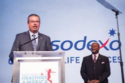 Sodexo President and CEO George Chavel joins Partnership for a Healthier America Board Chair James R. Gavin III, MD, PhD to announce the company's new commitments aimed at fighting childhood obesity at the 2014 Building a Healthier Future Summit in Washington. (PRNewsFoto/Sodexo) Sodexo President and CEO George Chavel joins Partnership for a Healthier America Board Chair James R. Gavin III, MD, PhD to announce the company's new commitments aimed at fighting childhood obesity at the 2014 Building a Healthier Future Summit in Washington. (PRNewsFoto/Sodexo)