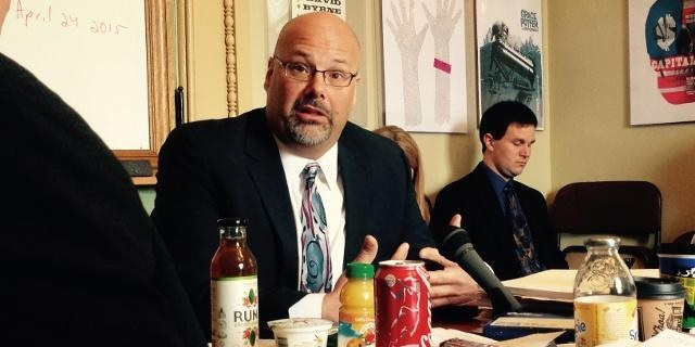 Vitality Vending's Brent Farrell testifying in front of the Vermont Senate Finance Committee.