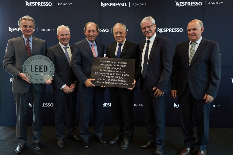 Nespresso inaugurates its third production centre in Romont, Switzerland. From left to right: Jean-Marc Duvoisin, Beat Vonlanthen, Paul Bulcke, Johann Schneider-Ammann and Roger Brodard (PRNewsFoto/Nestle Nespresso SA)