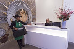 Starbucks began its Green Apron Delivery Service in the Empire State Building in October. Starbucks began its Green Apron Delivery Service in the Empire State Building in October.