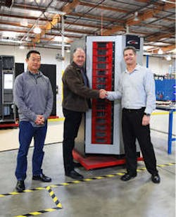 Steve Pixley, at center, unveils his 1,000th RoboCrib VX1000 machine alongside original AutoCrib business partners Jonathan Kim, chief technology officer for AutoCrib, at left, and Bruce Weaver, currently of US Tool Group. Steve Pixley, at center, unveils his 1,000th RoboCrib VX1000 machine alongside original AutoCrib business partners Jonathan Kim, chief technology officer for AutoCrib, at left, and Bruce Weaver, currently of US Tool Group.