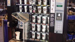 The Ultimate Coffee Machine contains seven trays of product which includes up to 180 12-ounce cups. Each cup can be stocked with a single-cup blend and supplies for an individual cup of coffee. The vending machine boasts an integrated authorization unit and is adaptable to most brewer brands. The machine can also hold up to 4 selections of miscellaneous items.