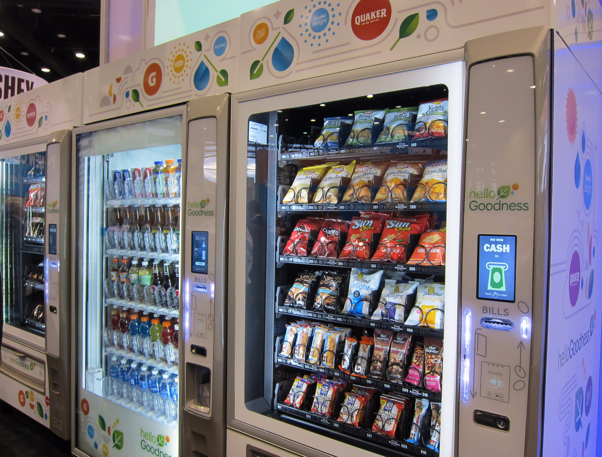 PepsiCo introduced the Hello Goodness vending machine, which offers good- and better-for-you product choices from the company's food and beverage portfolio. The vending machine features a digital point-of-sale touch screen with product nutritional information, suggests food and beverage pairing ideas for different eating occasions throughout the day, allows for cashless and digital vending .