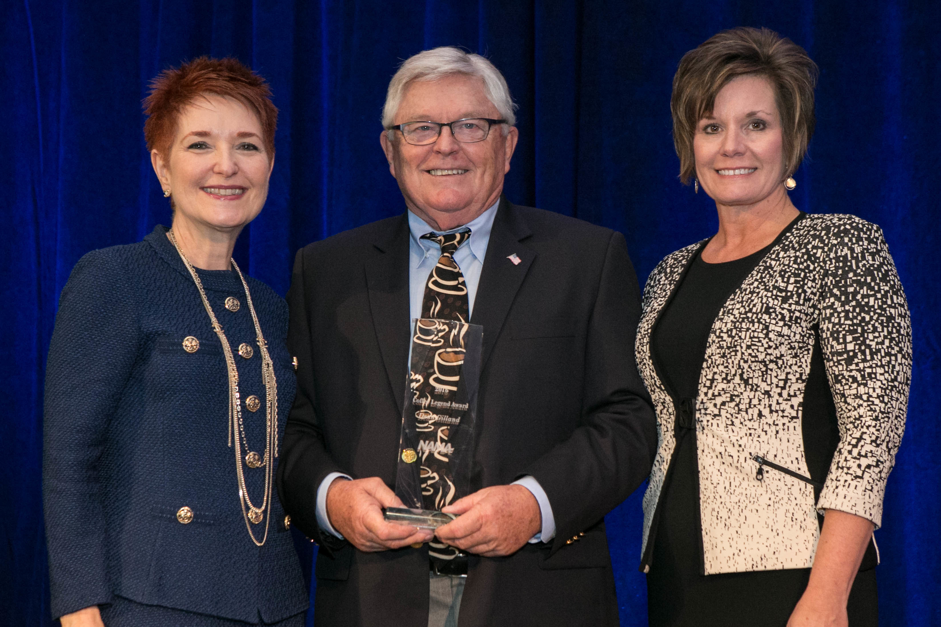 Carla Balakgie, CEO of NAMA; Dean Gilland, Coffee Legend and Karen Webster, Chair of the Coffee Services Committee.