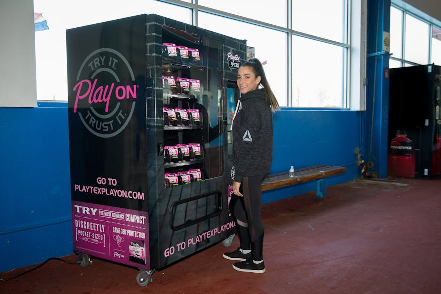Playtex&circledR; Sport&circledR; and Aly Raisman unveiled their first interactive vending machine installment in NYC to provide female athletes with tools to #PlayOn through their periods, while encouraging sharing of sports advice on Instagram via #PlayOn.