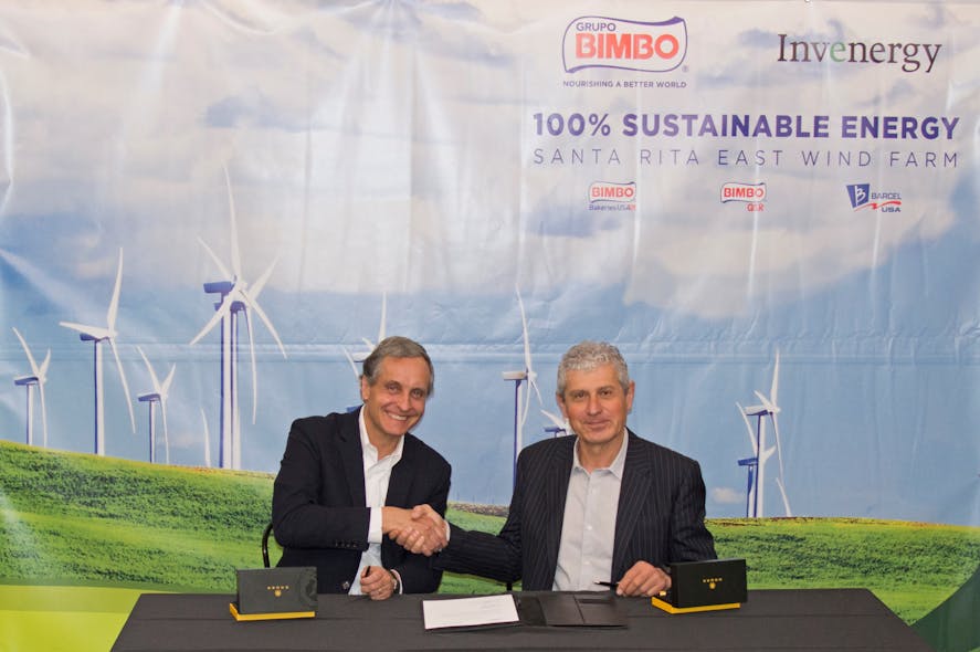 Daniel Servitje and Michael Polsky sign an agreement for use of wind energy at Bimbo Bakeries USA locations, helping Grupo Bimbo&apos;s initiative to become the first baking company in the U.S. to use 100% renewable energy for its operations by 2020.