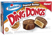 Hostess Peanut Butter Ding Dongs are a triple threat of peanut butter combining the sweet taste of peanut butter cake with a peanut butter creamy filling and then peanut butter drizzle over rich fudge.