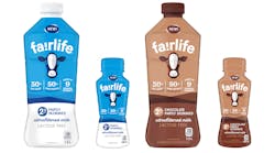 fairlife Ultrafiltered Milk shown in 1.5L 2% partly skimmed, 240mL 2% partly skimmed, 1.5L 2% chocolate partly skimmed, 240mL 2% chocolate partly skimmed. Will also be available in 1.5L Fat Free and 1.5L Whole 3.25%.
