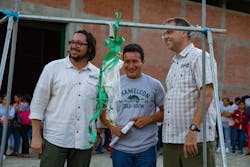 Chameleon Cold-Brew Director of Coffee Matt Swenson (L), Cenfrocafe Quality Lab Manager Herly Silva and Chameleon CEO and Co-Founder Chris Campbell (R) commemorate the opening of the Cenfrocafe Coffee Quality lab and milestone sustainability project with ribbon cutting ceremony in San Ignacio, Peru.