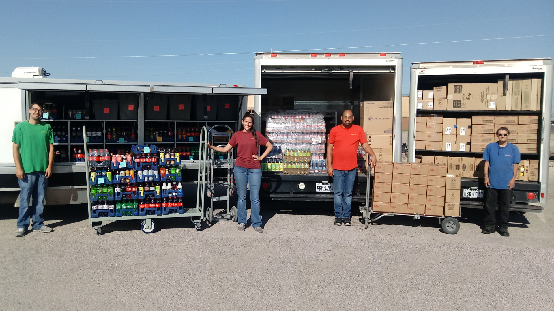 The Golden Brew team works hard every day, including Greg McConal, left, who has been with the company for 2 years; Lara Searcy (4 years); Daniel Lozano (13 years) and Brenda Smith (8 years). All vending and delivery orders are prekitted in warehouse and some trucks are even fitted with refrigeration and freezer cooling systems for all day routes in 110+ degree Texas weather. The company handles about $2 million in sales per year with just four drivers.