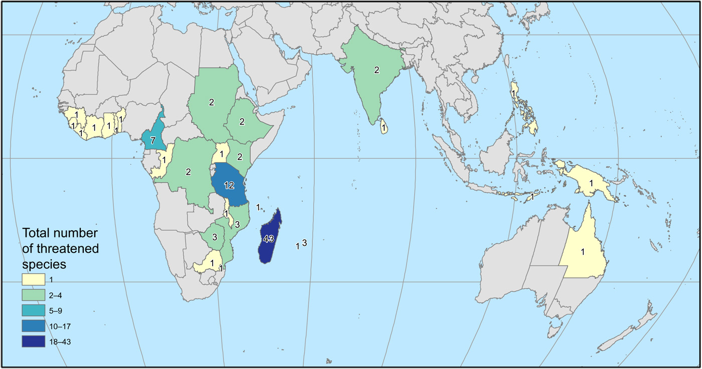 Map showing threatened coffee species