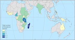 Map showing threatened coffee species Map showing threatened coffee species
