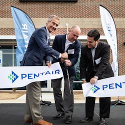 Pentair President and CEO, John Stauch, Steve Risner, Sr. Director of Technology, and Phil Rolchigo, Chief Technology Officer, celebrated the opening of Pentair&apos;s new innovation center in Apex, N.C.