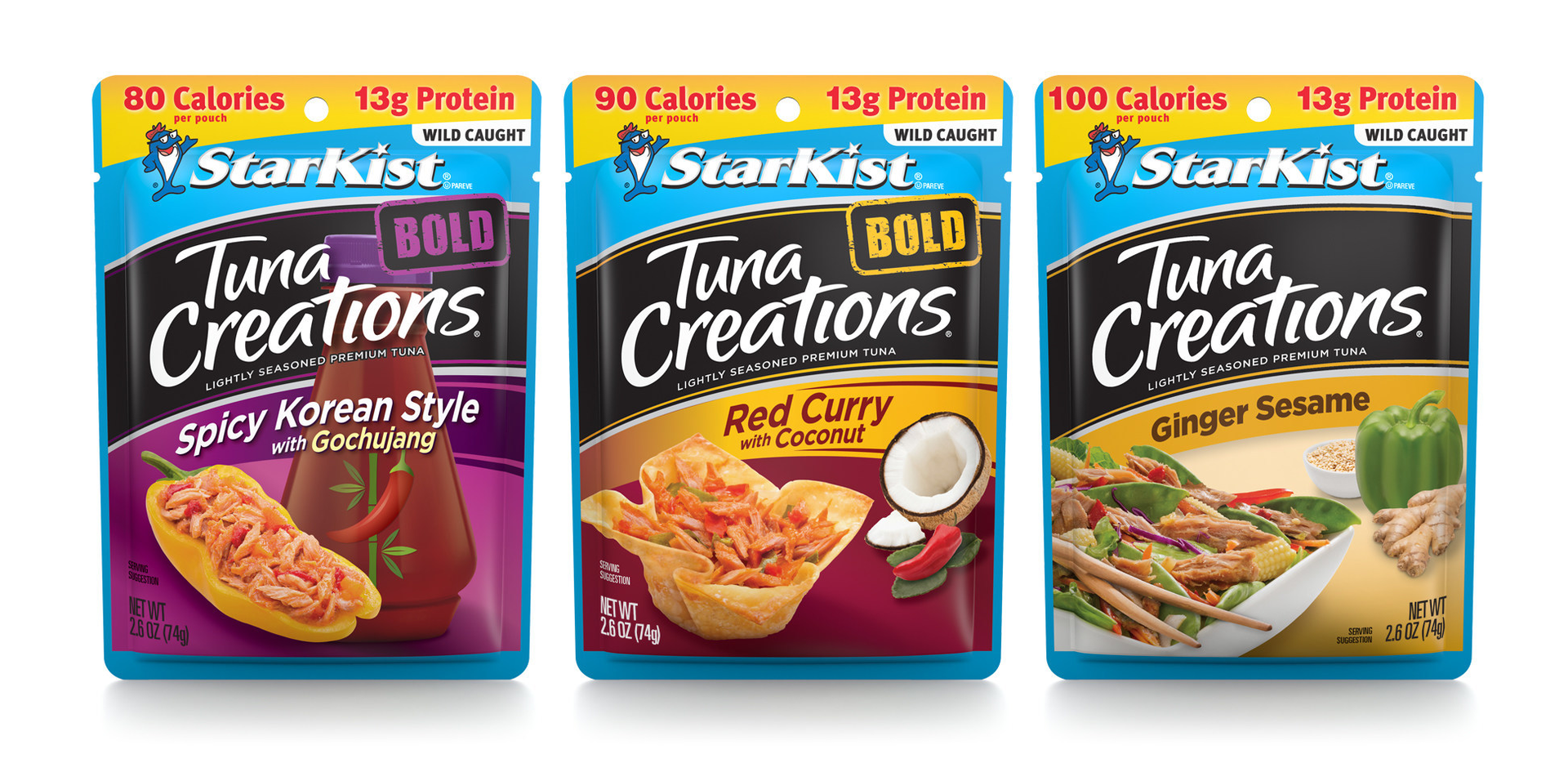 StarKist Tuna Creations&circledR; BOLD Spicy Korean Style with Gochujang, Tuna Creations&circledR; BOLD Red Curry with Coconut & Tuna Creations&circledR; Ginger Sesame
