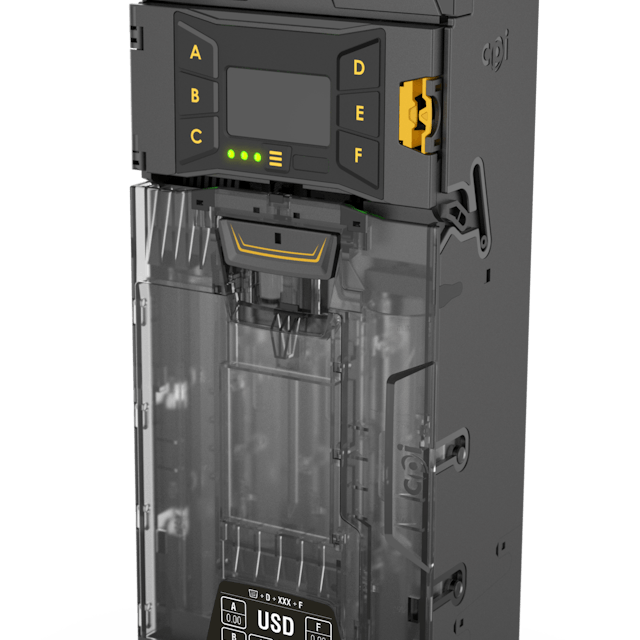 The Gryphon coin changer from CPI introduces proprietary sensing technology for increased fraud protection, additional motors for increased reliability, and 12% more tube capacity for advanced configuration options.