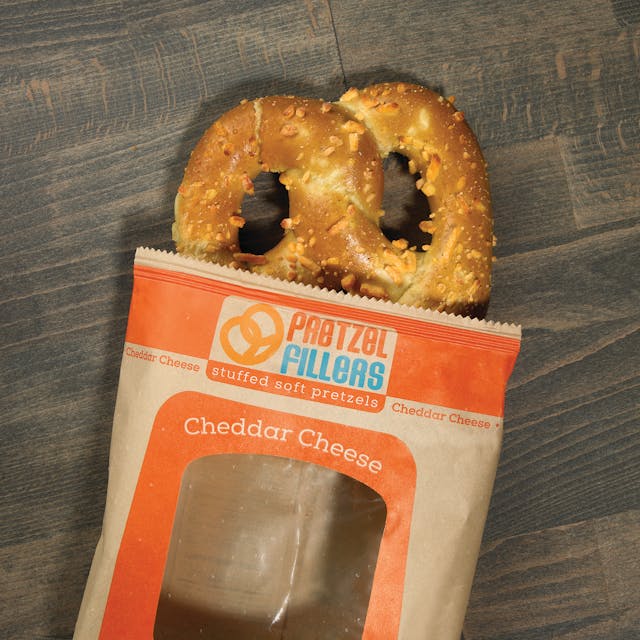 Pretzel Fillers Stuffed Soft Pretzels are available in cheddar cheese (pictured), sweet cream cheese and jalape&ntilde;o &amp; cheese.