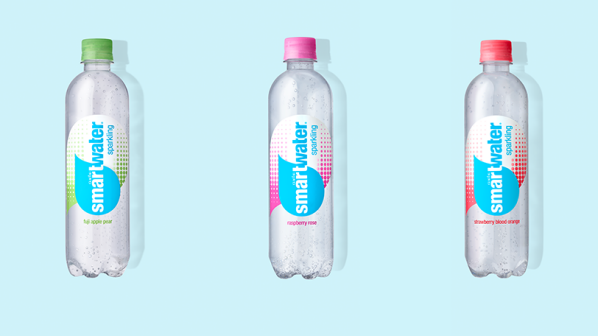 Coca-Cola has introduced flavored sparkling smartwater in the following flavors: fuji apple pear (from left), raspberry rose and strawberry blood orange.