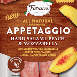 Fiorucci&rsquo;s Appetaggios, which launched in August 2019 in micro market and vending, are peach or cranberry infused mozzarella cheese wrapped in traditionally aged hard salami or prosciutto for a delicious combination of sweet and salty.