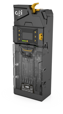 The Gryphon coin changer from CPI introduces proprietary sensing technology for increased fraud protection, additional motors for increased reliability, and 12% more tube capacity for advanced configuration options.