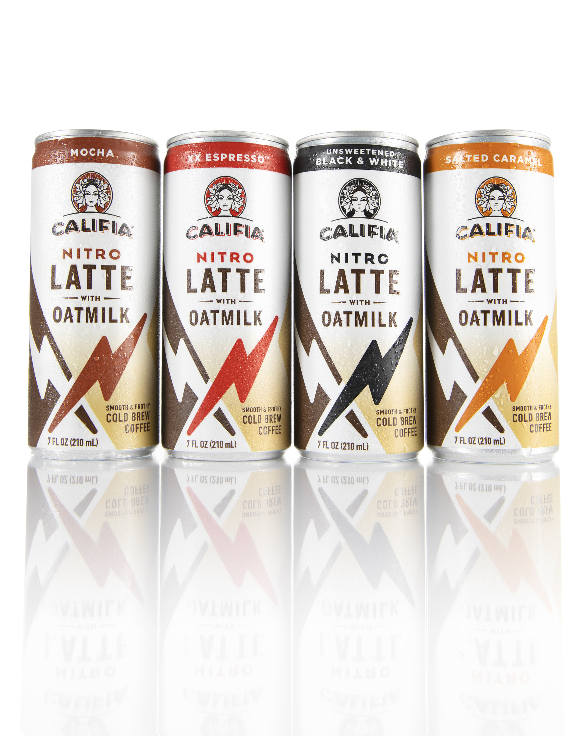 Califia Farms announces new shelf-stable, canned Nitro Draft Lattes made with allergen-friendly, gluten-free Oatmilk; available in Black & White, XX Espresso, Salted Caramel, and Mocha.